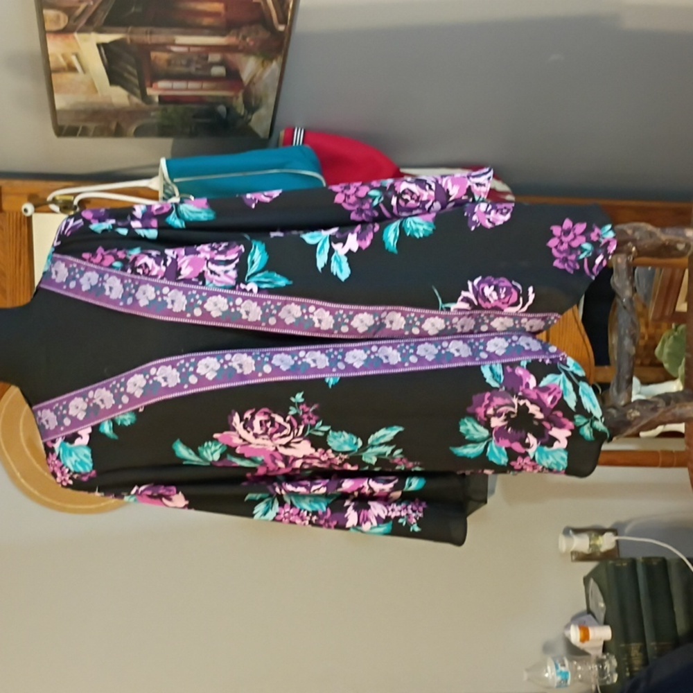 Floral Open Front Kimono - Black with Purple & Teal Floral